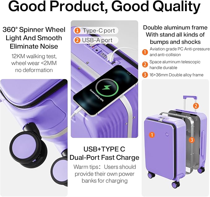 mixi Large Checked Luggage with Cup Phone Holder and Charger Hard Shell Suitcases with Spinner Wheels, 26 Inch Lilac Purple