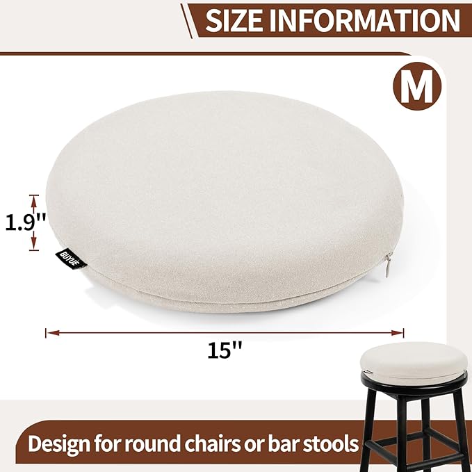BUYUE Memory Foam Seat Cushion, Dia 15" Soft Velvet Round Stool Cushion Anti-Slip Chair Pads, M, Light Grey