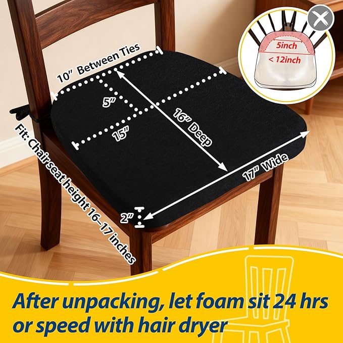 AAAAAcessories D-Shaped Chair Cushions, 2" Thick Dining Chair Pads with Ties and Removable, Machine-Washable Cover, 17" x 16", Set of 8, Black