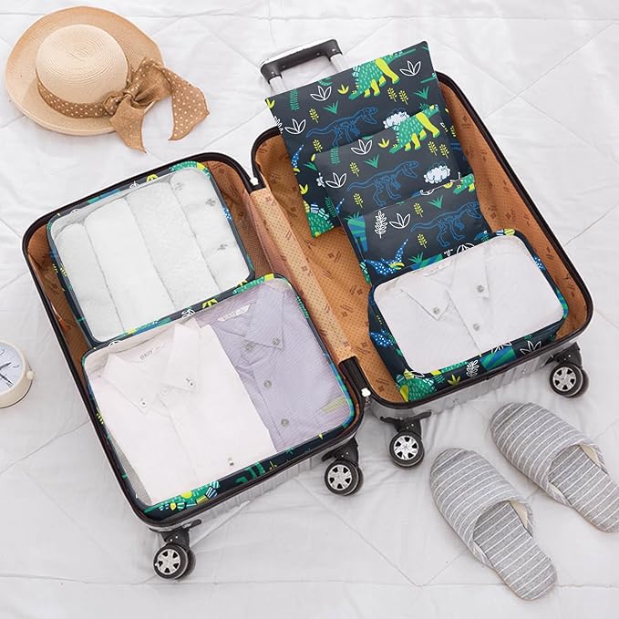 Packing Cubes for Kids 7 Set Travel Luggage Organizers for Suitcase Travel Accessories with Shoe Bag for Women Girls Cute Aesthetic Art-Green Dinosaur