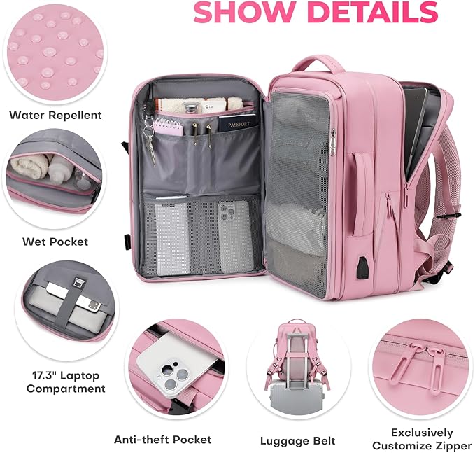 Travel Backpack for Women | Expandable Carry On Backpack with 17.3 Inch Laptop Compartment - Personal Item Travel Bags for Women Nurse Work Bag for Traveling Weekender Business College - Pink