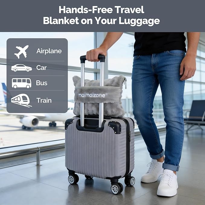 Gray Travel Blanket for Airplane, Soft Lightweight Flannel Blanket, Compact & Portable with Storage Bag, Luggage Strap & Clip, Cozy Travel Essential for Flights, Road Trips & More,40.7''×64.1‘’