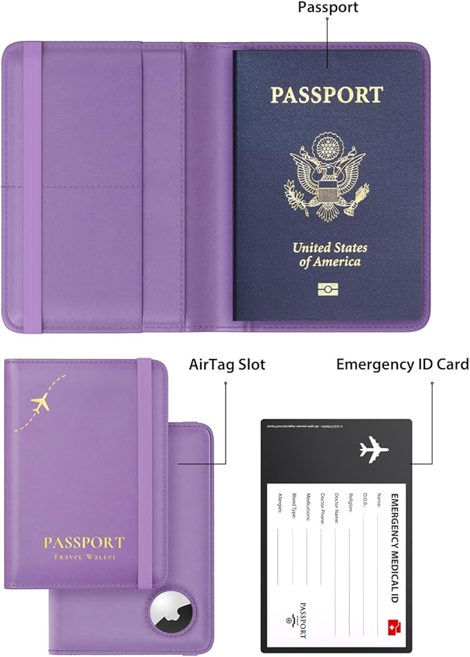Stouchi AirTag Passport Holder, Anti-Lost Passport Holder with Airtag Slot, Passport Wallet Cover with RFID Blocking, Leather Passport Case Travel Accessories for Women, Purple