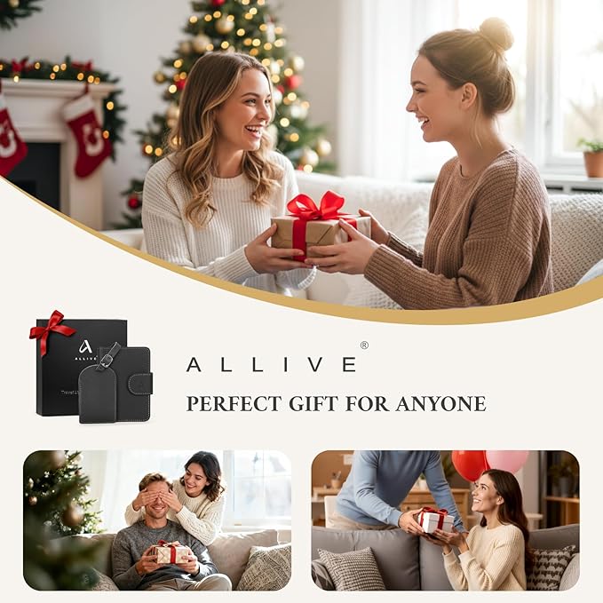 ALLIVE Passport Holder with Luggage Tag, Genuine Leather Passport Holder with AirTag Hidden Pocket, RFID Blocking Travel Wallet for Women & Men, Premium Gift Box, Ready to Gift – Gift Set (Black)