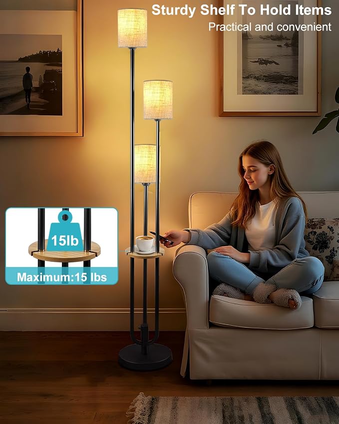 Lightdot 64Inch Floor Lamp with Table Dimmable Black Floor Lamp for Living Room 3 Lights Mid Century Modern Tall Standing Lamp with 5Lbs Heavy Base for Bedroom/Sofa Beside/Corner Decor(Bulbs Included