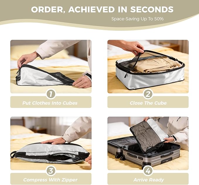 8-Piece Compression Packing Cubes for Travel, Ultralight Aesthetic Luggage Organizer Set, Space Saving Double Zipper Design for Carry-On & Suitcase Organizer, Travel Essentials- Beige