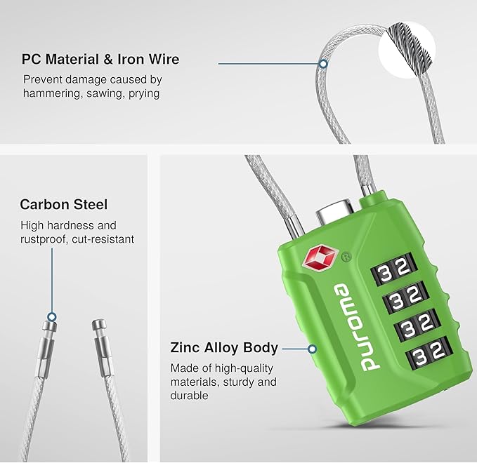 Puroma 2 Pack TSA Approved Luggage Locks, 4 Digit Combination Travel Cable Locks Resettable Code Lock with Zinc Alloy Body for Suitcase, Toolbox, Backpack, Bag, Gym Locker (Basic Green)