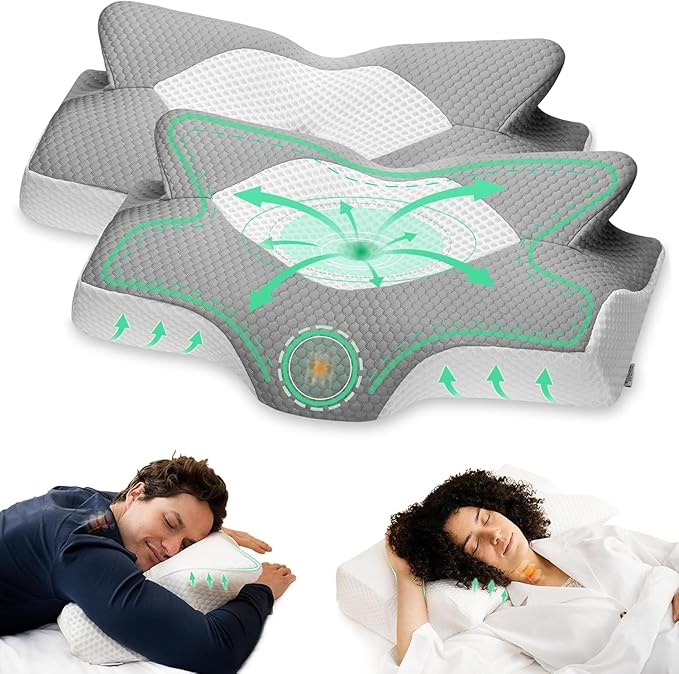 Elviros Cervical Memory Foam Pillow, 2 Pack Pillows for Neck and Shoulder Pain, Ergonomic Orthopedic Sleeping Neck Support Pillow for Side Sleepers, Stomach Sleepers (Grey)