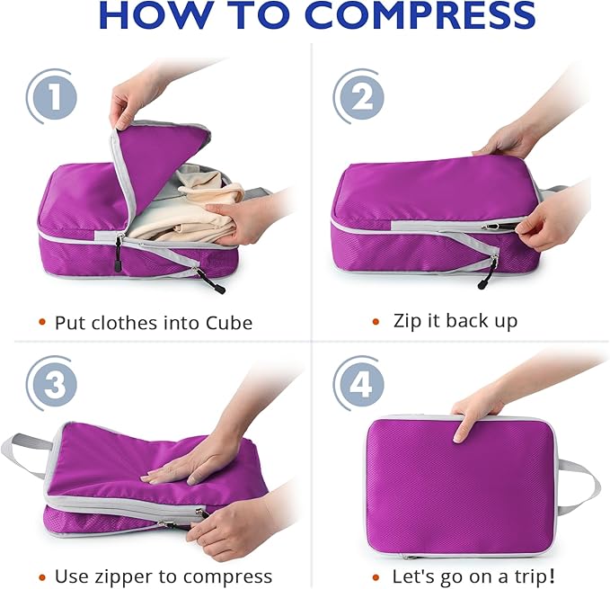 Compression Packing Cubes, 8 Set Packing Cubes for Travel Compression, Lightweight Compressible Package Organizer for Carry On and Suitcases, Purple and Grey