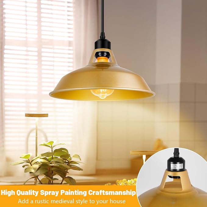 Lomoky Plug in Pendant Light, Vintage Hanging Lamps with Gold Barn Shade Pendant Lighting with 14.76ft Cord On/Off Switch, Adjustable Pulley Hanging Lights for Kitchen, Bedroom, Living Room (1 Pack)