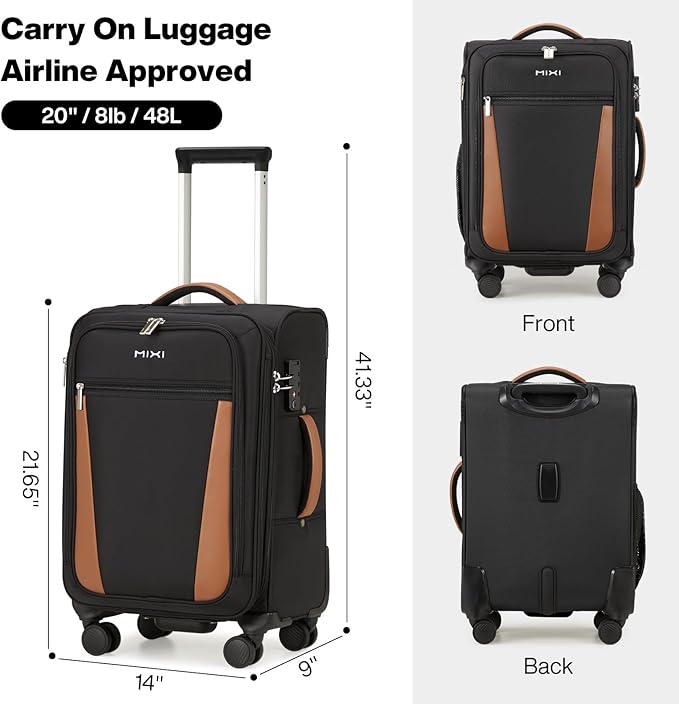 mixi Carry On Luggage 20 Inch Softside Expandable Suitcase with Front Pocket, 22x14x9 Airline Approved Rolling Lightweight Travel Suitcases with Wheels & TSA (Black)