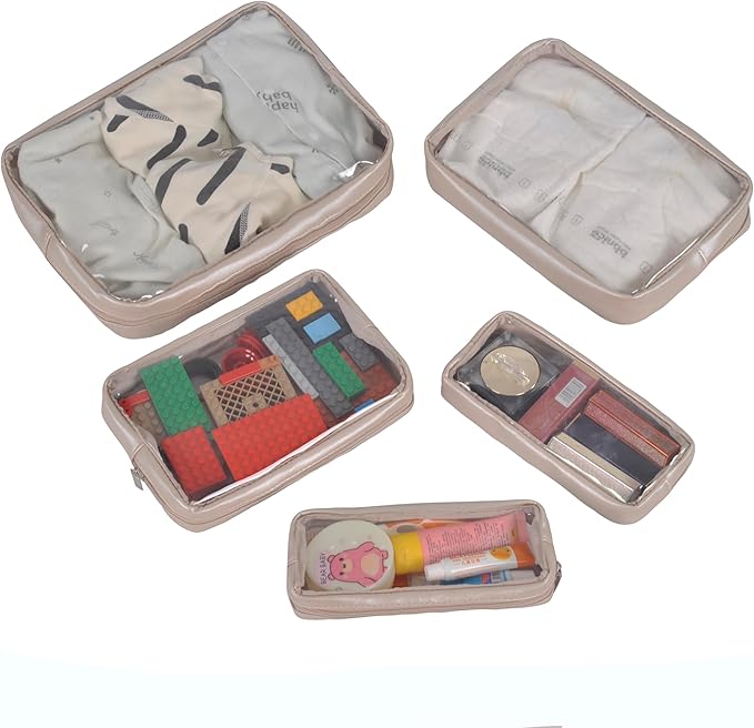 TSA Approved 5-Piece Diaper Bag Organizer Pouch Set Clear Waterproof TPU Kids Toiletry Storage Set Travel Packing Clutch Cube Bags for Baby Nursing (Pearl Grey)
