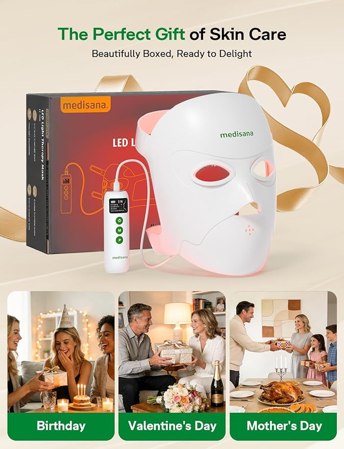 Medisana Red Light Therapy for Face, 3D Facial Fit LED Mask with 415nm Blue 630nm Red 830nm Infrared, 336 Beads, 3 Modes - Cordless & Rechargeable LED Face Mask for Home, Skincare Gifts for Women Mom