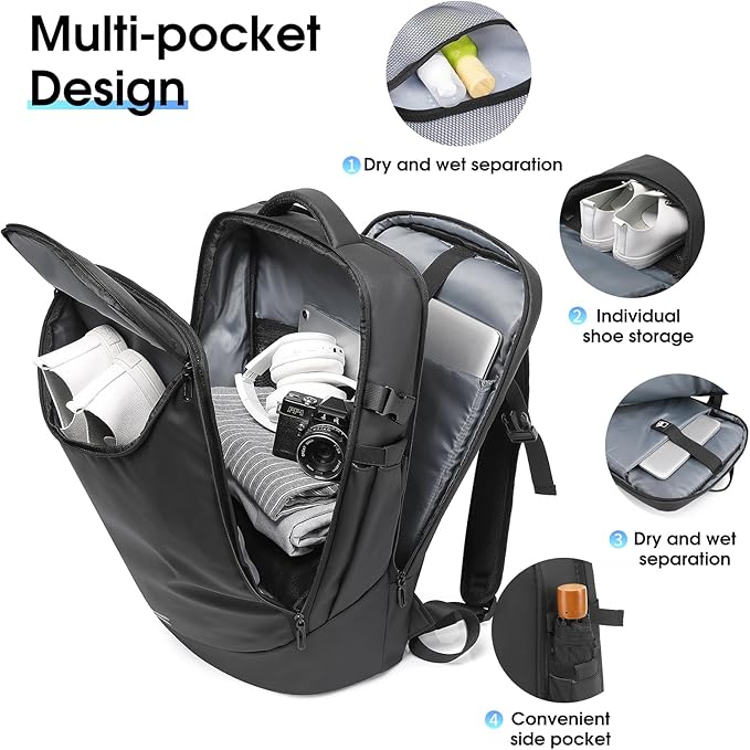 TANGCORLE Travel Carry on Backpack Expandable Flight Approved Backpacks 17.3 inch Laptop Business Back Pack for Women Men,Black-30l(no Expansion) /Non-vacuum