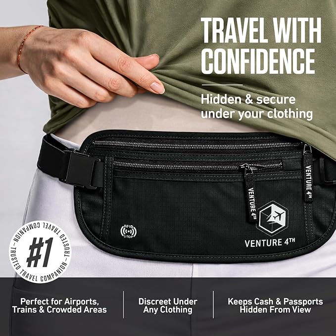 VENTURE 4TH Money Belt for Travel – Hidden Under-Clothes RFID Blocking Passport Holder & Slim Travel Wallet Pouch for Men & Women to Protect Cash, Cards & Documents (Pure Black)