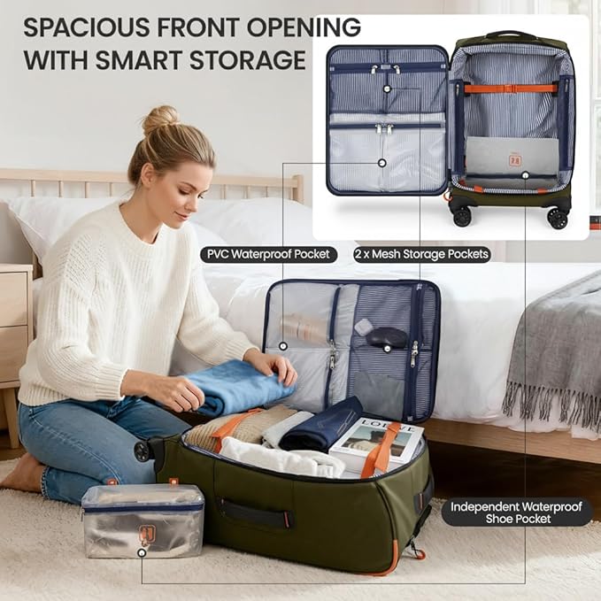22" Luggage, Softside Suitcase w/Double Spinner Wheels, Waterproof,Lightweight Rolling Suitcases for Men/Women（Green,22in）