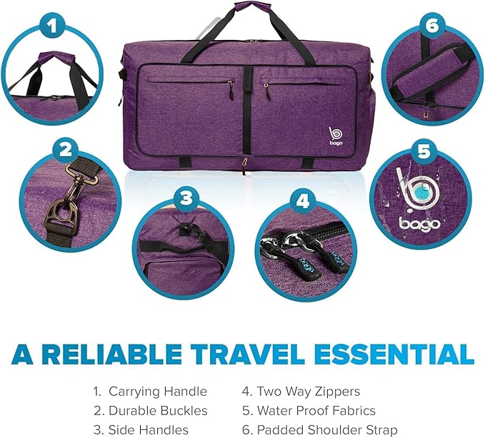 Bago Large Duffle Bag for Travel Women & Men. Durable Lightweight Foldable Travel Duffel Bags For Traveling Women. 100L Duffle Bags for Overnight Bag With Shoe Compartment Collapsible Weekender duffel