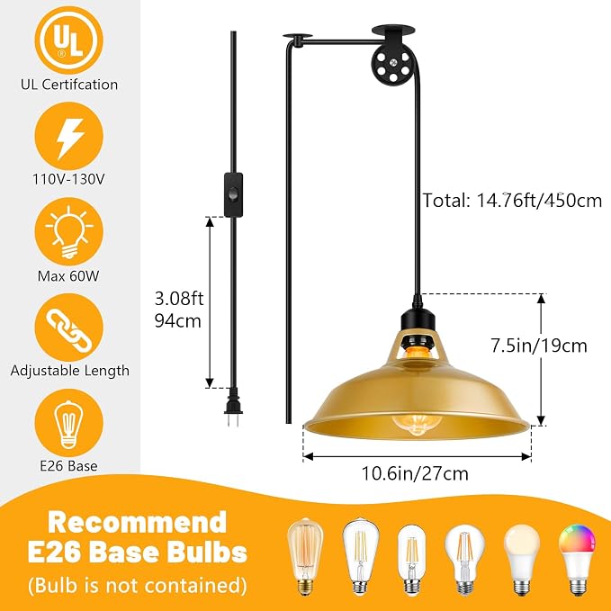 Lomoky Plug in Pendant Light, Vintage Hanging Lamps with Gold Barn Shade Pendant Lighting with 14.76ft Cord On/Off Switch, Adjustable Pulley Hanging Lights for Kitchen, Bedroom, Living Room (1 Pack)