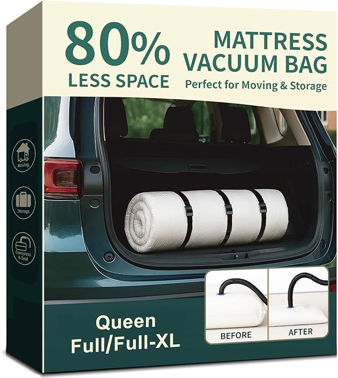 Mattress Vacuum Bag for Moving and Storage – Heavy Duty Compression Bag with Straps, Vacuum Bag for Memory Foam Mattress (Queen/Full)