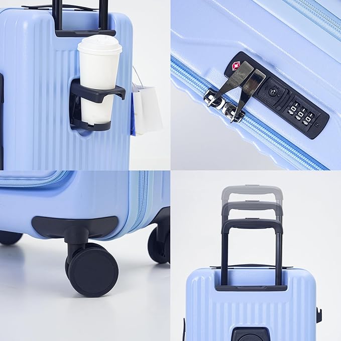 20 Inch Top Opening Carry On Luggage 22x14x9 Airline Approved Expandable With Spinner Wheels & Cup Holder,PC Hard Shell Lightweight Small Shitcase With Tsa Approved For Travel Women Men,Blue