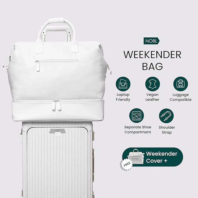 NOBL Travel Weekender Bag for Women & Men, Large Duffel Carry-On Tote with Trolley Sleeve, Separate Shoe Compartment & Laptop Pocket, Leather Overnight Bag for Airplane, Gym, Road Trips - Ivory