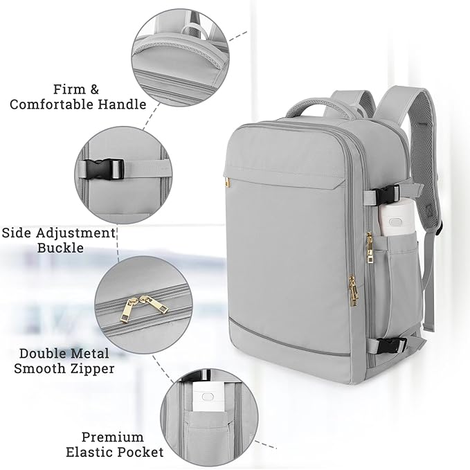 Travel Backpack, 40L 17 inch Laptop Travel Backpack Carry on Flight Approved, Personal Item Travel Bag, Waterproof Backpack for College, Business, Weekend, Work, Gray