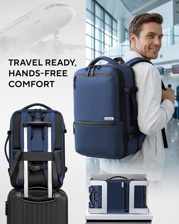 Dinictis Vacuum Seal Travel Backpack 60L Built-in Pump, Expandable Backpack with Vacuum Compression Fits 17 inch Laptop, Water Resistant Carry On Suitcase Luggage for Short Trip and Business-Blue