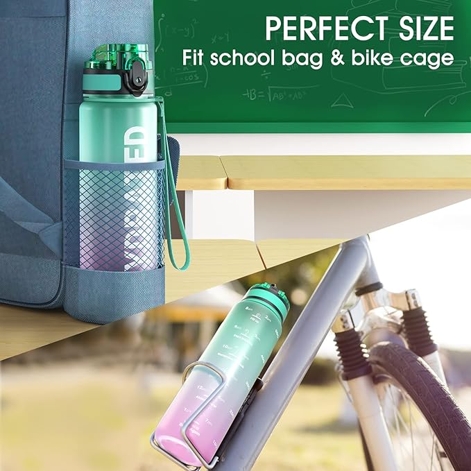 Sahara Sailor Water Bottle, 32/25/17oz Durable and Leakproof Water Bottles Motivational with Time Marker, Tritan, BPA Free, Wide Mouth with Easy Clean Brush for Gym, Travel, School, Office (1 Bottle)