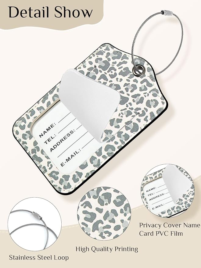 Seorsok 2 PCS Luggage Travel Tags for Suitcases,Cute White Leopard PU Leather Name Tag with Privacy Cover&ID Label Address Card and Durable Metal Ring Suitable for Men Women Handbags Backpack
