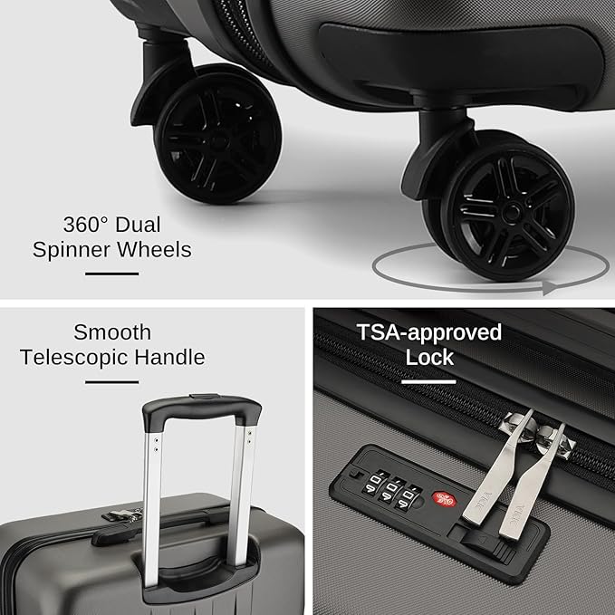 Kono 20-Inch Small Hardside Carry-on Suitcase with Spinner Wheels, Lightweight ABS+PC Rolling Cabin Suitcase for Airplane Travel (Grey, for 1-3 Days of Travel)