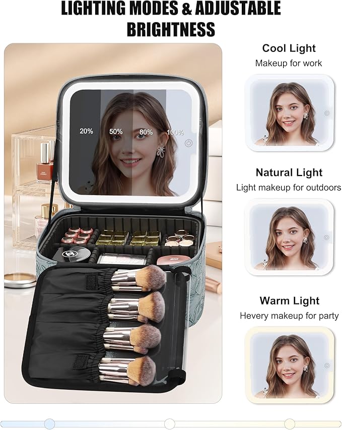 Relavel Travel Makeup Bag With LED Mirror for Women, Cosmetic Organizer Bag with Adjustable Brightness in 3 Color Scenarios, Detachable Dividers, Waterproof Train Case for Daily - Dark Blue FLowers