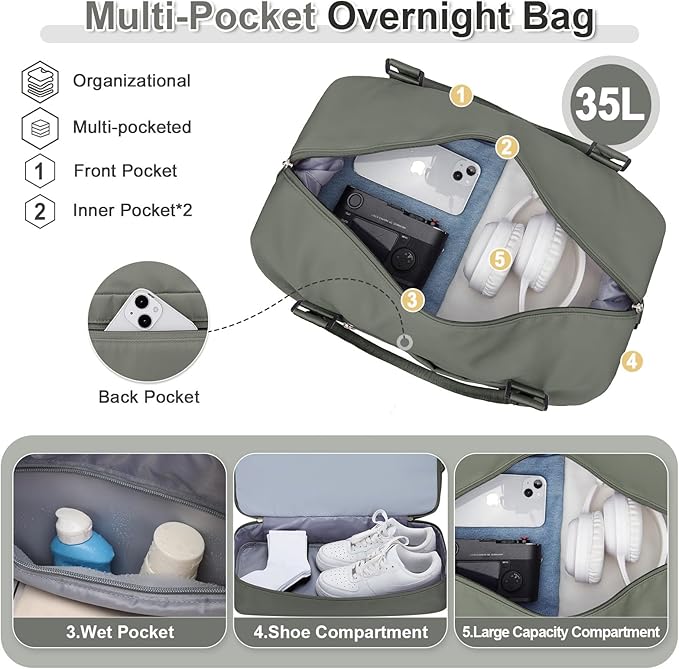 Weekender Bags for Women, Travel Duffel Bags with Shoe Compartment & Wet Pocket,Personal Item Travel Bag for Airlines,Carry on Overnight Tote Bag for women,3Pcs Set，Olive Green