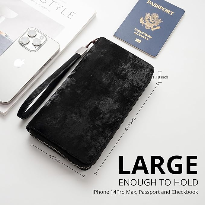 Bveyzi Women RFID Blocking Wallet Leather Zip Around Phone Clutch Large Capacity Ladies Travel Purse Wristlet | RFID Blocking, Zip Around, Large Capacity