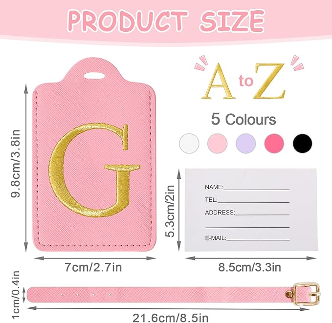 Initial Luggage Tags for Suitcases, Cute Embroidered Letter Luggage Bag Suitcase Identifier Name Baggage Tag, PU Leather Travel Luggage Tags, Bag Tags for Men Women Kids Luggage Handbags(Pink G)