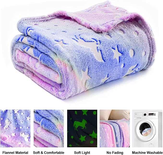 TEHALK Unicorn Glow in The Dark Blanket, Unicorn Blanket for Girls/Kids, Unicorns Gifts for Girls Age 3-12, Toddler Blanket for Kids, Soft Fleece Blanket Throw Birthday Gift 40"x60" (Pack of 2)