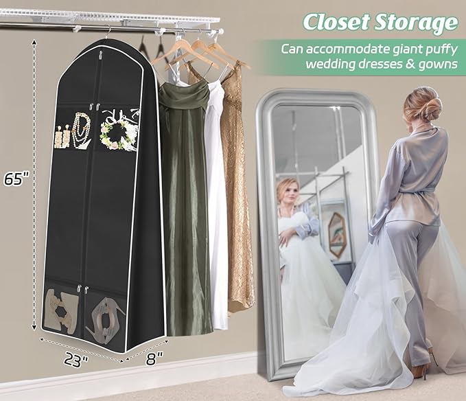 MISSLO Portable 65" Wedding Dress Garment Bag with Bride Tote Bag 8'' Gusseted Dress Bags for Gowns Long 4 Pockets Dress Cover for Women, Black