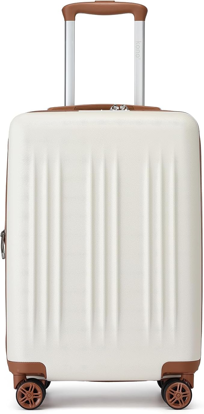 Kono Small 20 Inch Expandable Carry On Luggage with Quiet Spinner Wheels & TSA Lock, Scratch and Drop Resistant PC+ABS Hardside 22x14x9 Airline Approved Suitcase, Cream White & Brown