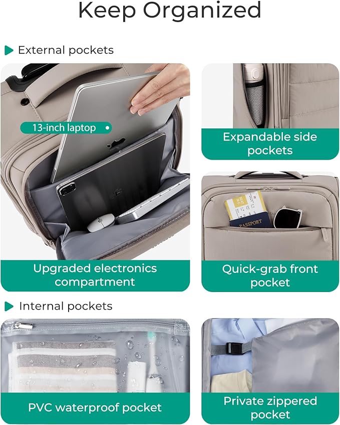 BAGSMART Underseat Carry on Luggage with Wheels, Soft Small Travel Luggage with PVC Wet/Dry Pockets, Lightweight Soft Personal Item Suitcase for Short Trip,Camer