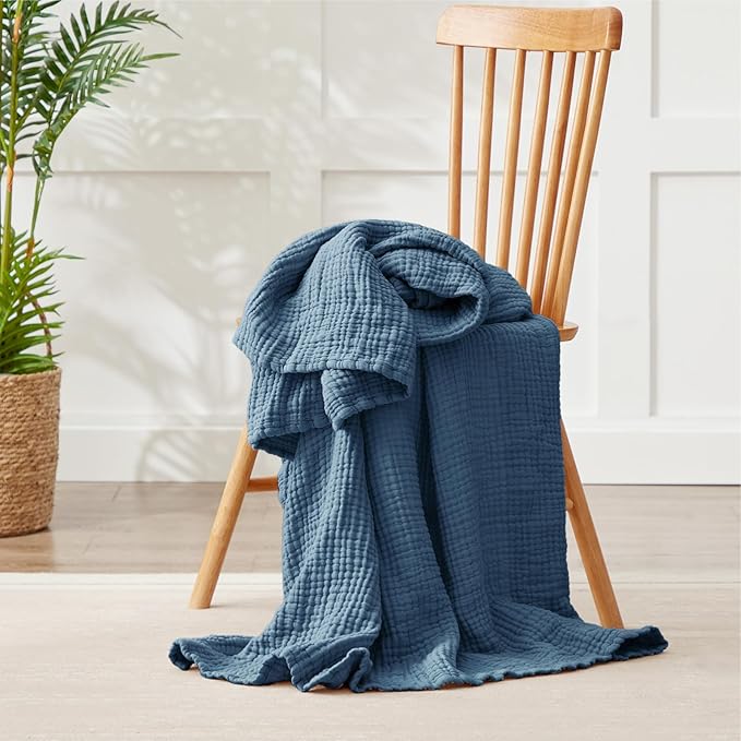 100% Cotton Muslin Blanket Twin 60" x 80", Breathable and Lightweight Cotton Twin Blankets for Couch, Soft Cooling Summer Gauze Blanket for Adults All Season, Grayish Blue