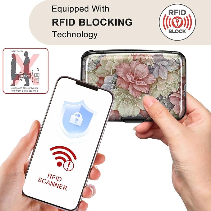 ELFISH Mini RFID Aluminum Wallet Credit Cards Holder Business Card Case Metal ID Case for Men Women（Happy Flower