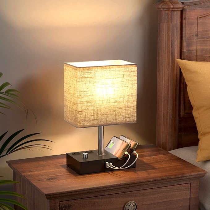 Beige Table Lamp for Bedroom - Stepless Dimmable, USB C+A, 2 AC Outlets | Dimming By Rotary Knob, USB C+A Ports, 2 Phone Stands, LED Bulbs Included, Rectangle Beige Lampshade, for Living Room, Desk