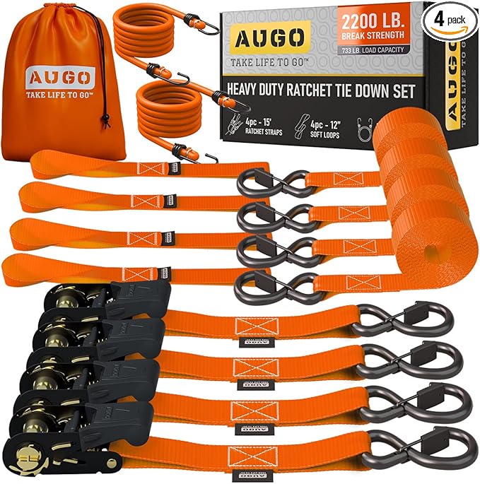 AUGO Ratchet Straps Heavy Duty 4 Pack -15 FT - 2200 LB Break Strength – Ratchet Tie Down Straps with Safety Lock S Hooks - Cargo Straps for Moving, Appliances, Motorcycle – Soft Loop Tie Down Straps
