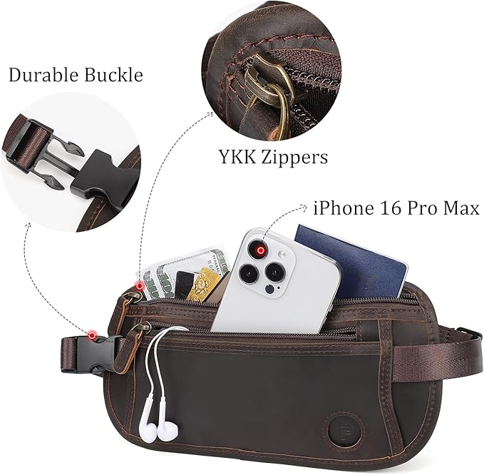 Polare Full Grain Leather Money Belt Hidden Passport Holder Wallet Travel Pouch with AirTag Slot Slim RFID Blocking Undercover Waist Bag