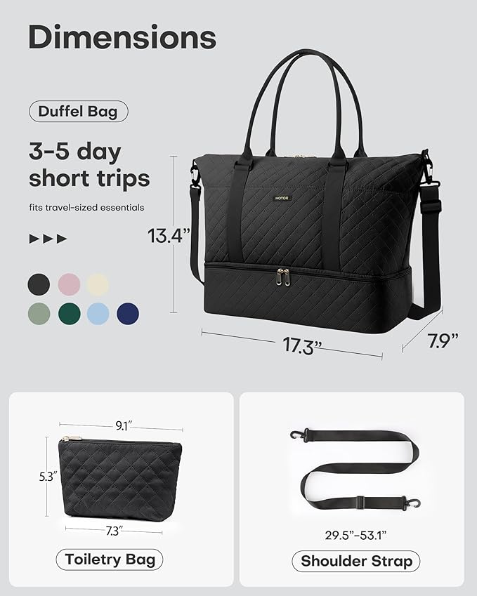 HOTOR Travel Duffel Bag - Weekender Bags for Women, Gym Tote Bags with Shoe Compartment, Carry On Overnight Bag with Toiletry Bag for Travel Essentials and Travel Accessories, Black, 13.4"×17.3"×7.9"