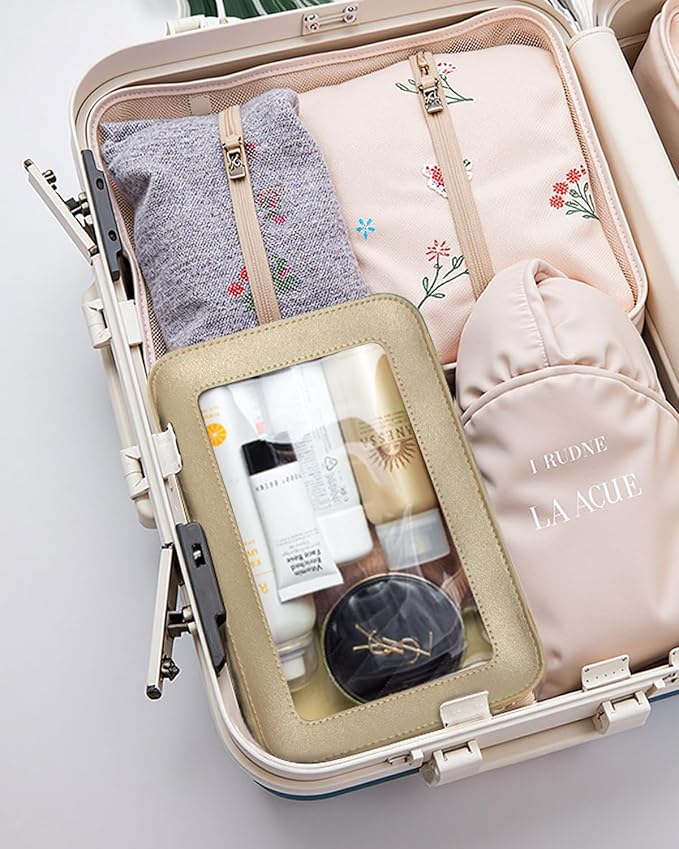 LETGO Clear Makeup Bags, TSA Approved Toiletry Bag with Zipper, Small Makeup Organizer Fit Carry-on Travel Essentials,Portable Travel Clear Cosmetic Bags Pouch for Women Men (Golden)