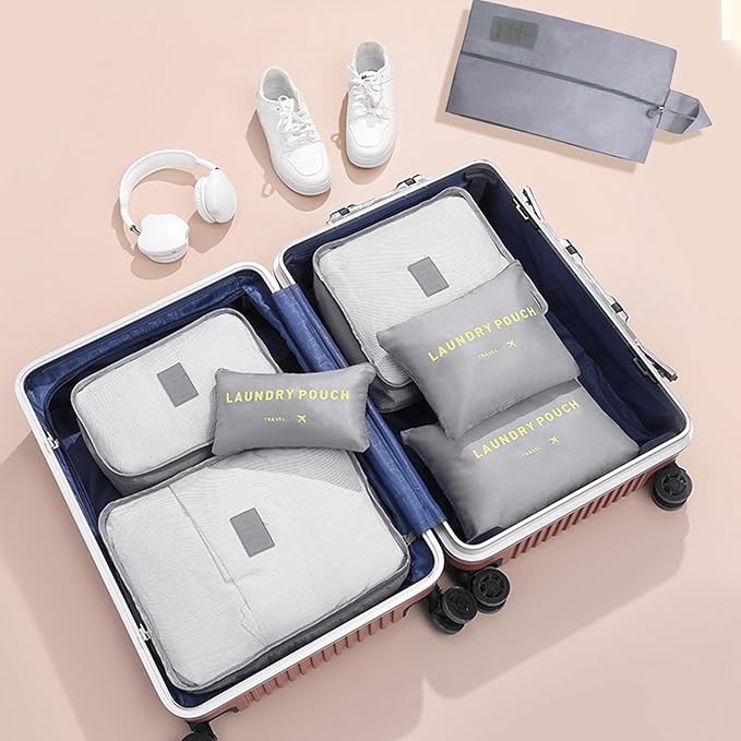 INVODA 7 Set Packing Cubes for Suitcases Travel Essentials for Carry on Luggage Organizer Bags Set for Travel Accessories Luggage Cubes (Grey)