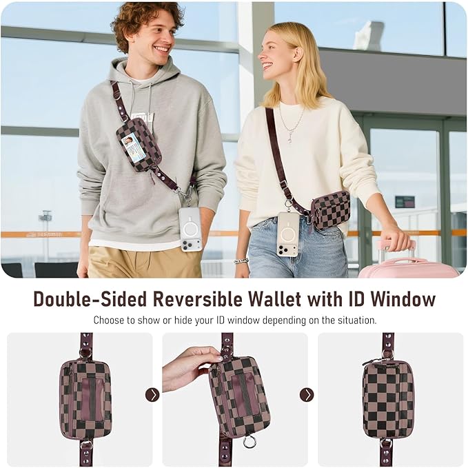 Tiostep Clip and Go Strap for Phone with Wallet Crossbody Phone Lanyard and Detachable Checkered Bag with ID Window and RFID Pouch for Daily Travel.