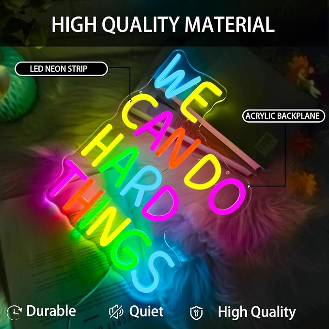 We Can Do Hard Things Neon Sign LED Motivational Light for Classroom Decor | Dimmable Positive Quote Neon Lights for Classroom, Gym, Kids Room, Library, Office, School Decor, Party Backdrop, USB powered