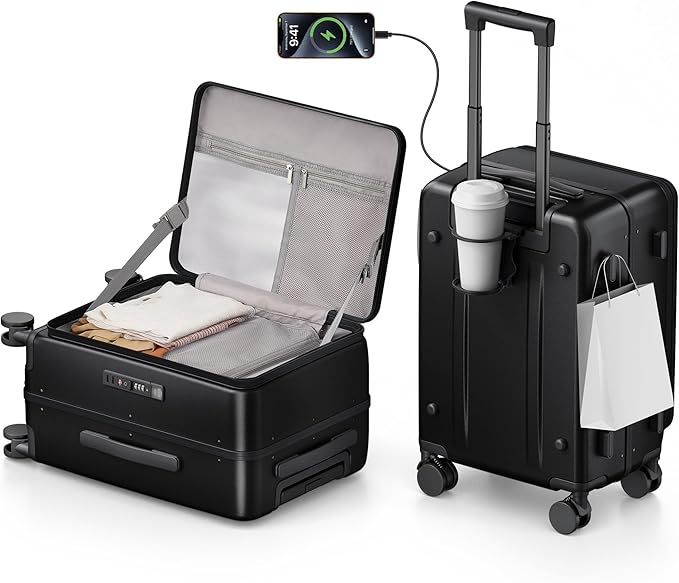 20IN Carry On Luggage,Top Opening Aluminum Frame Hardside 100% PC Airline Approved Suitcase -with TSA Lock,Cup Holder,USB Charge,Side Pothook, 360°Spinner Wheels-Black
