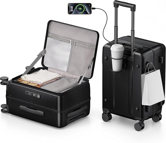 20IN Carry On Luggage,Top Opening Aluminum Frame Hardside 100% PC Airline Approved Suitcase -with TSA Lock,Cup Holder,USB Charge,Side Pothook, 360°Spinner Wheels-Black